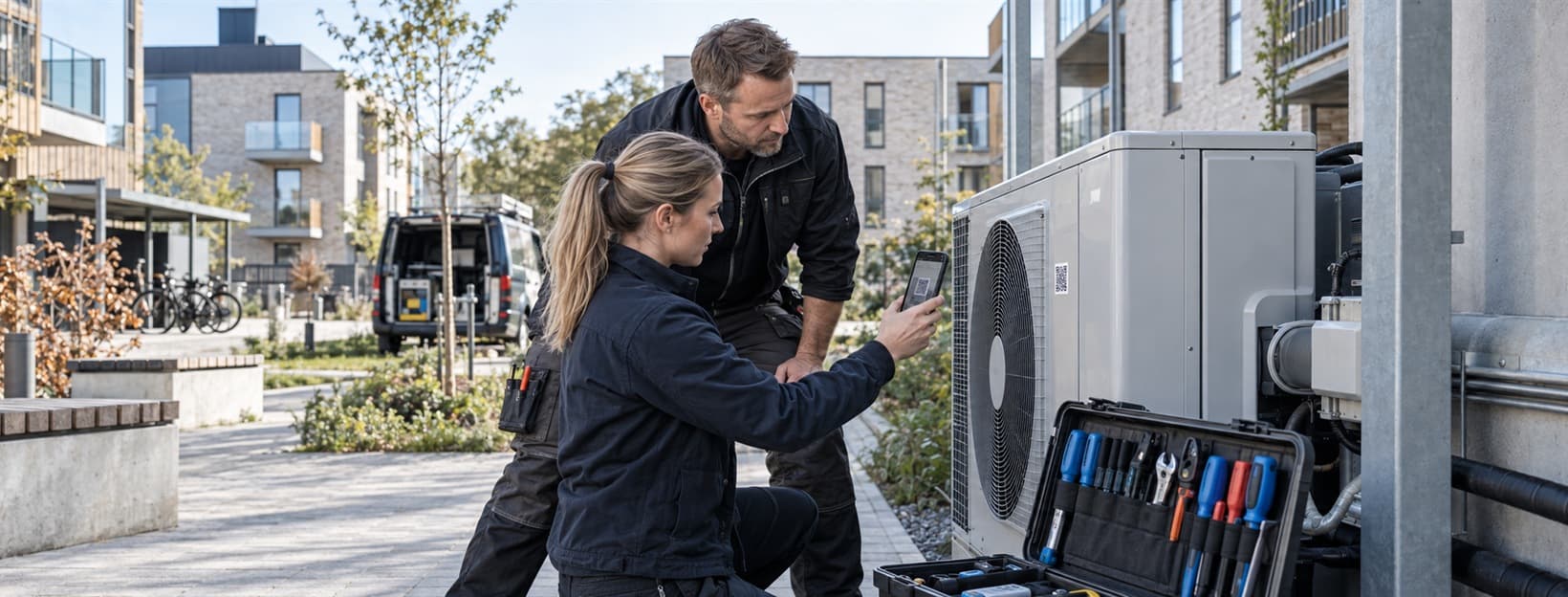 Servicepersonale scanner QR-tag ved teknisk installation og værktøj