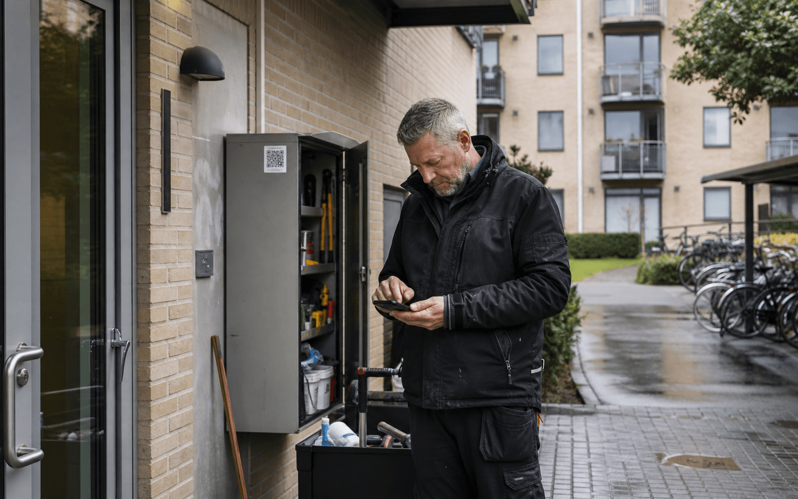 Vicevært arbejder ved en boligforenings fællesareal