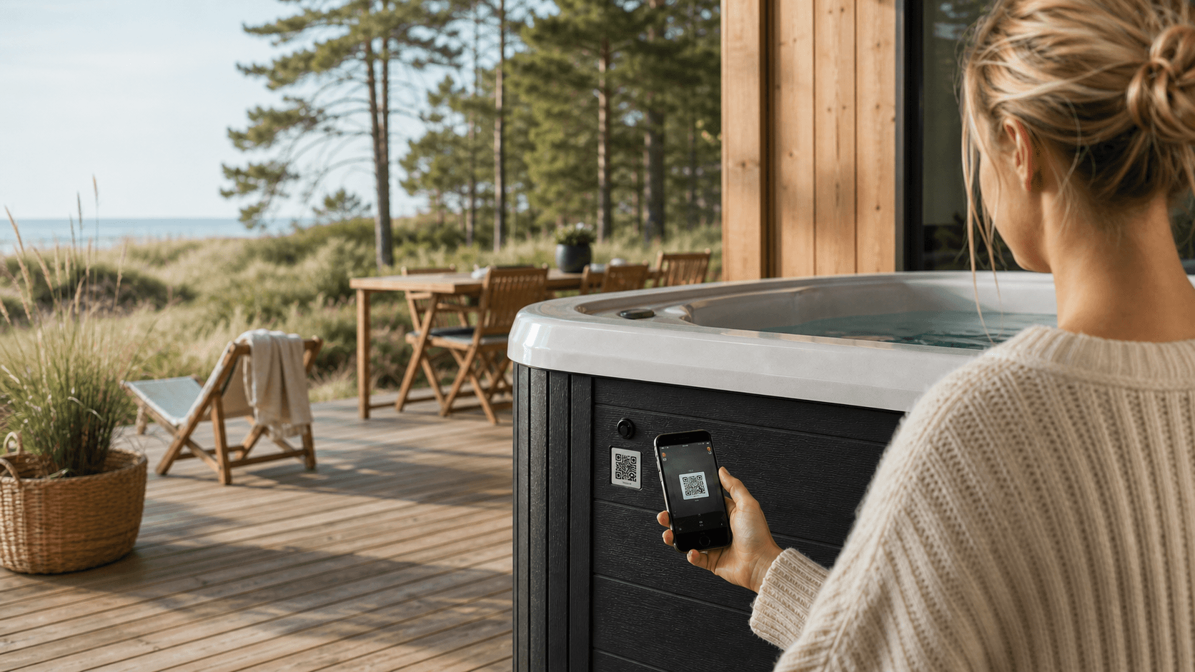 Sommerhusgæst scanner QubeTask-tag på en spa